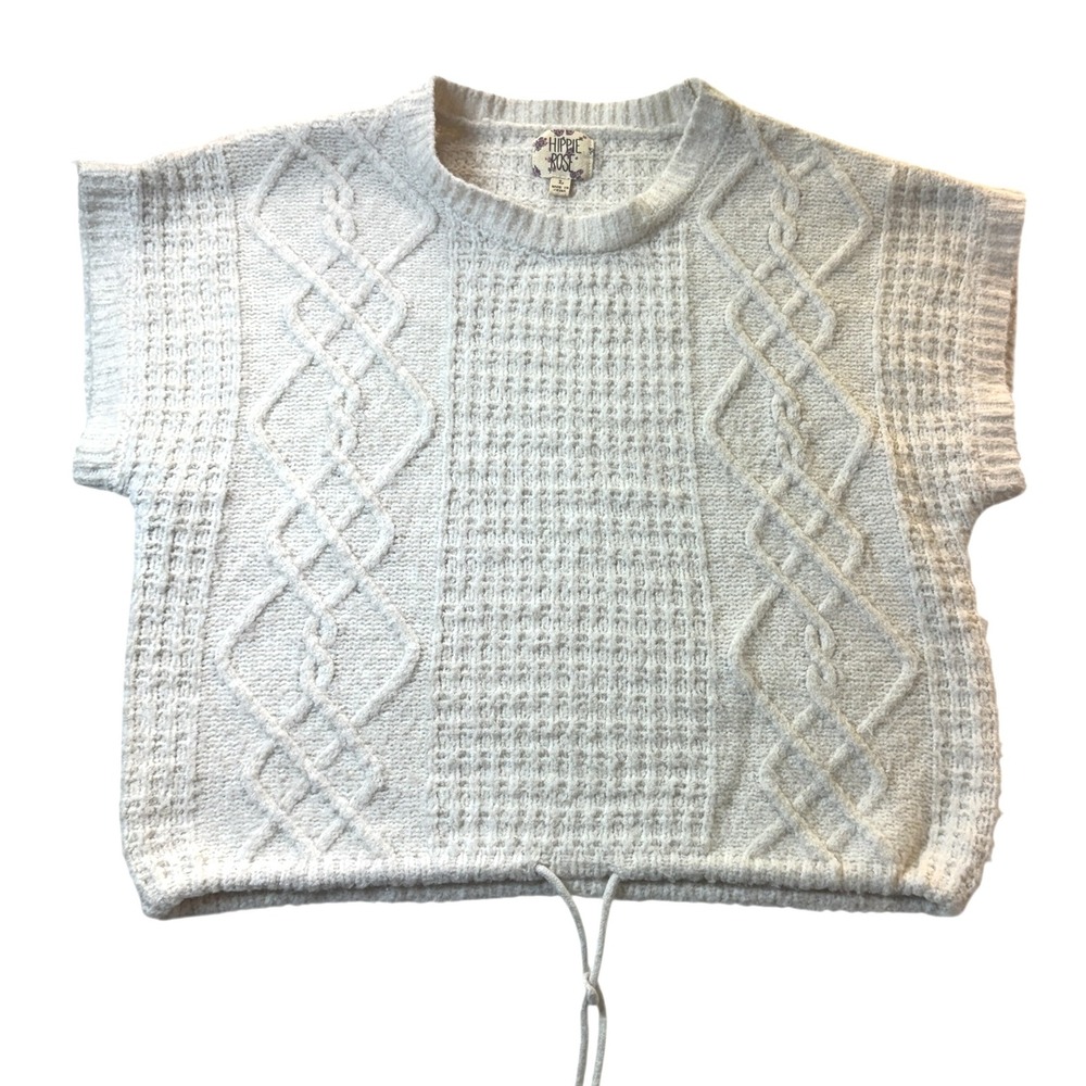Hippie Rose Cream Cable Knit Waffle Weave Crop Sweater Vest Size L Soft Boho